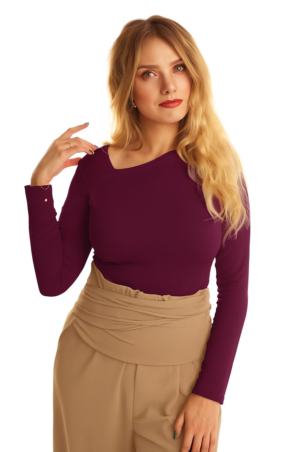 Bluzka Longsleeve Bambusowy z asymetrycznym dekoltem | LUVA |wine berry