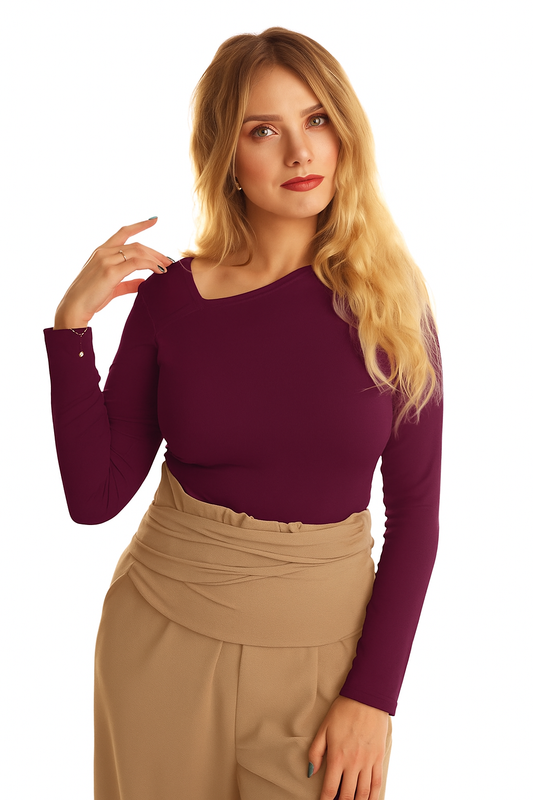 Bluzka Longsleeve Bambusowy z asymetrycznym dekoltem | LUVA |wine berry