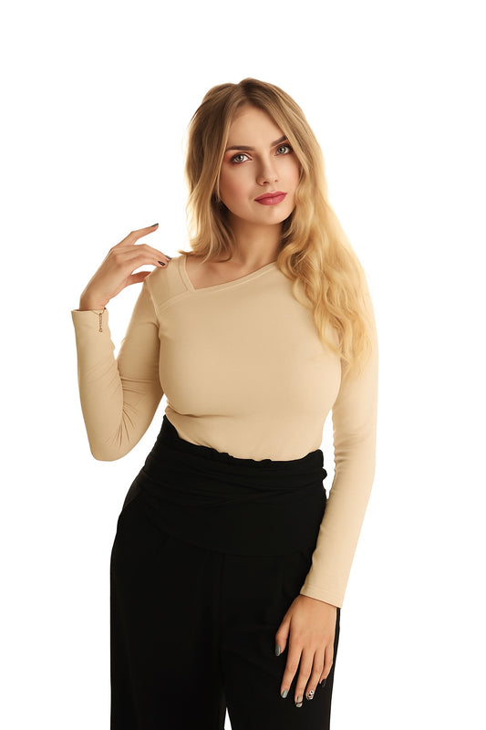 Bluzka Longsleeve Bambusowy z asymetrycznym dekoltem | LUVA | beż
