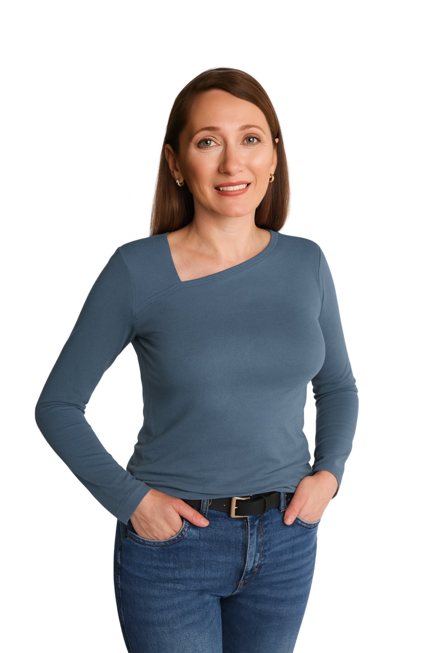 Bluzka Longsleeve Bambusowy z asymetrycznym dekoltem | LUVA | zgaszony niebieski