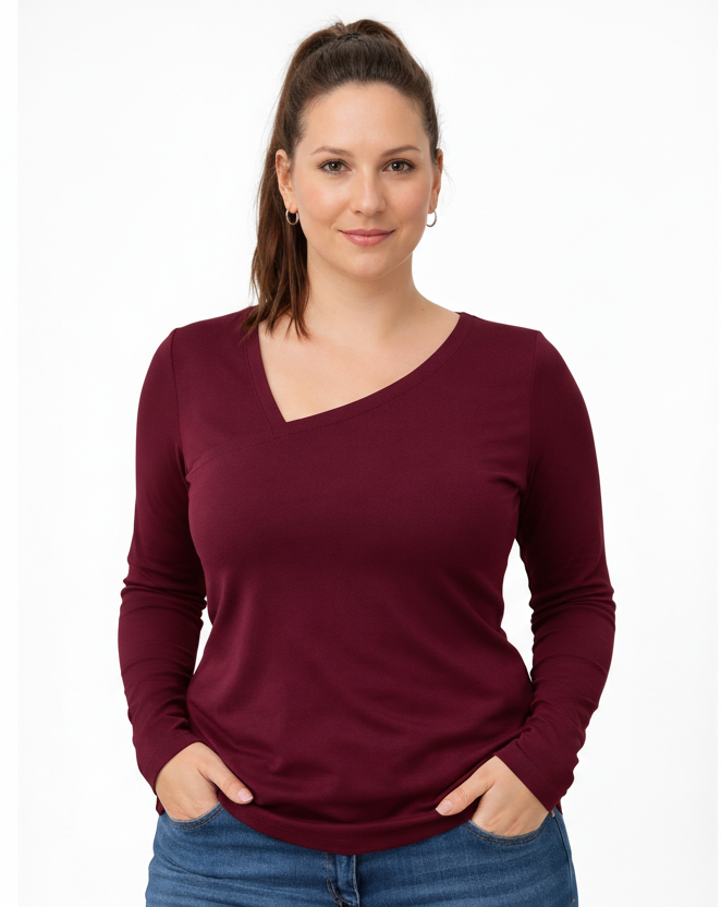 Bluzka Longsleeve Bambusowy z asymetrycznym dekoltem | LUVA |wine berry