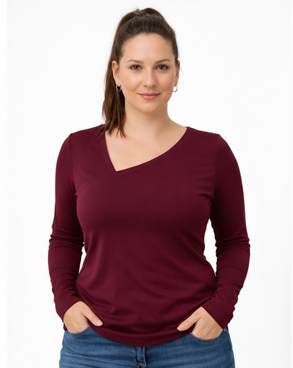 Bluzka Longsleeve Bambusowy z asymetrycznym dekoltem | LUVA |wine berry