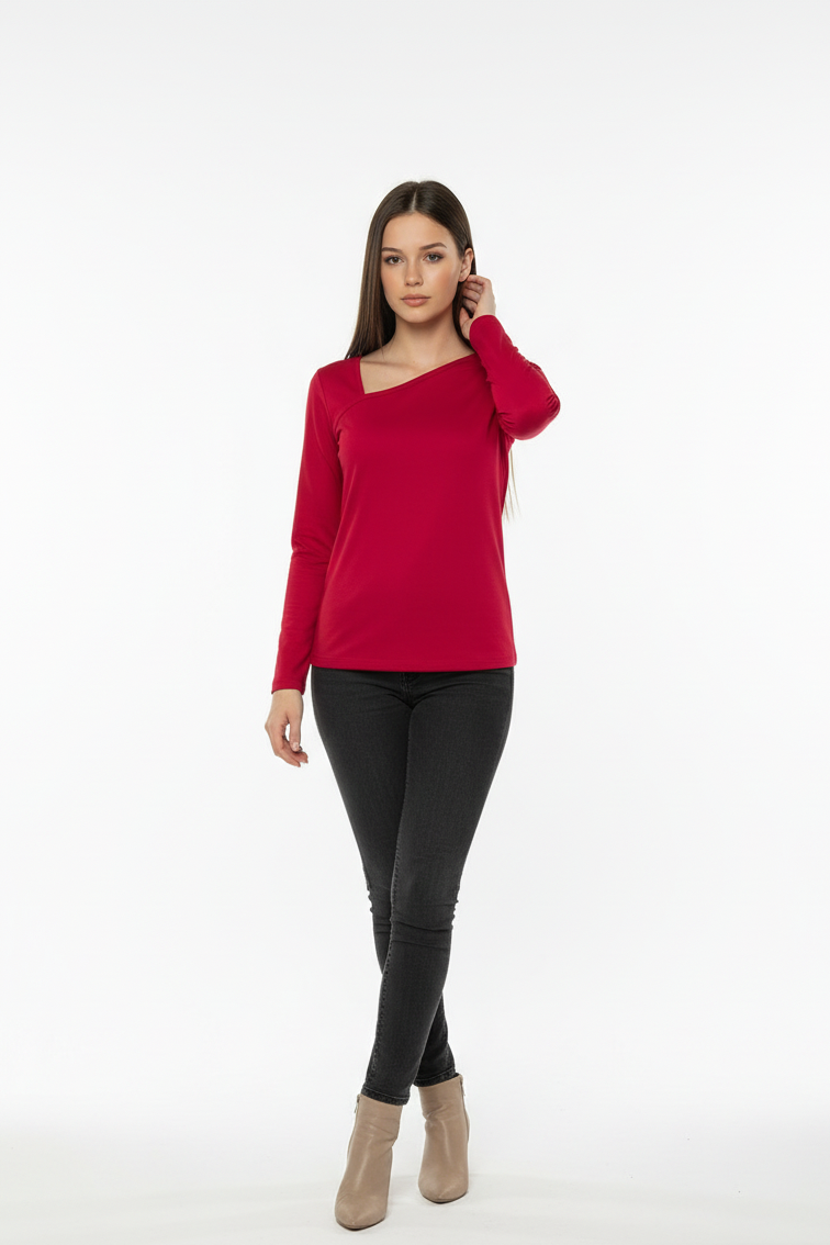Bluzka Longsleeve Bambusowy z Asymetrycznym Dekoltem| LUVA | róż