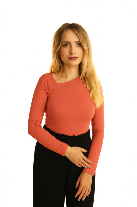 Bluzka Longsleeve Bambusowy z Asymetrycznym Dekoltem| LUVA| koralowy