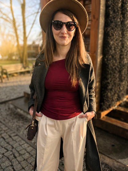Bluzka Longsleeve Bambusowy z asymetrycznym dekoltem | LUVA |wine berry