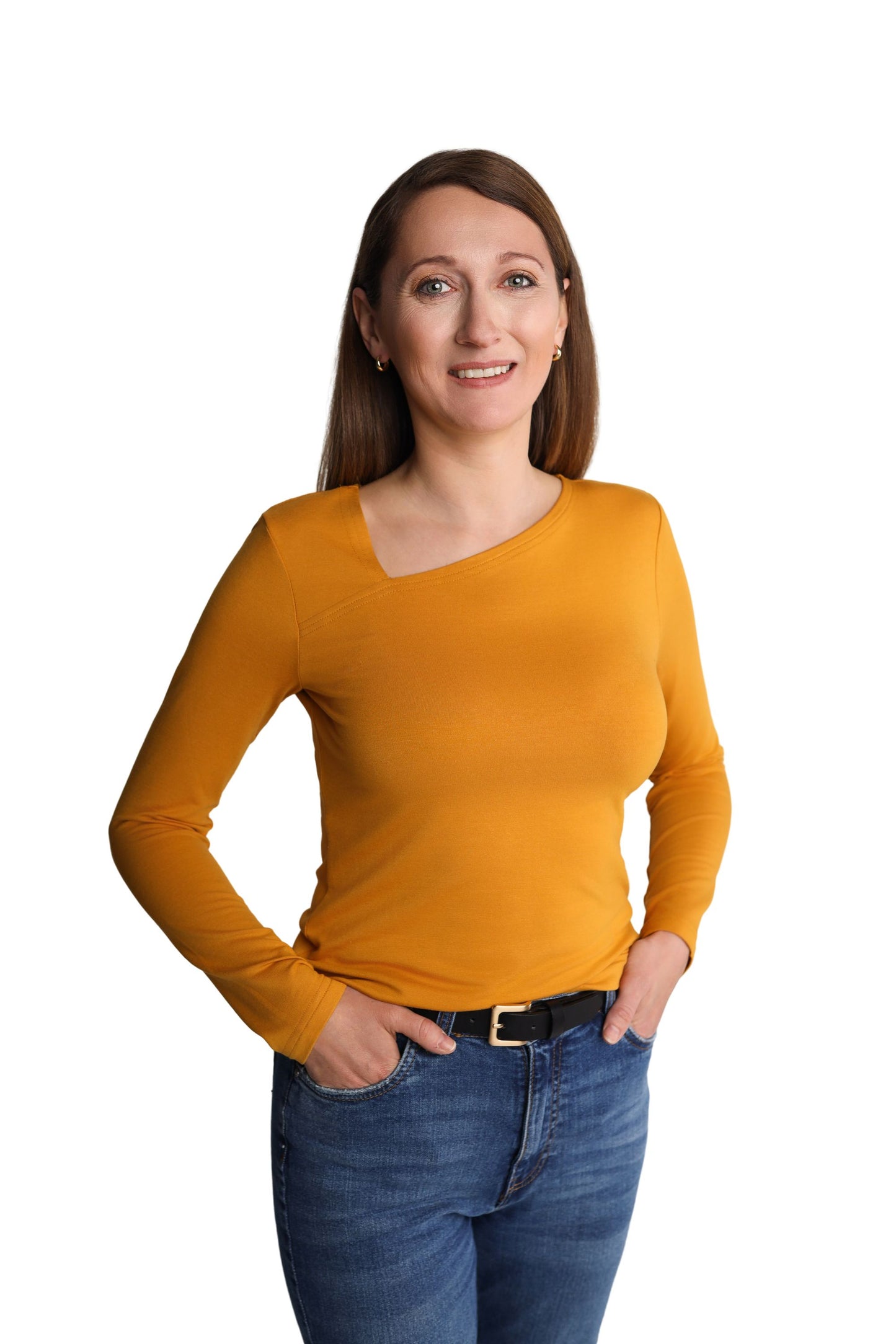 Bluzka Longsleeve z asymetrycznym dekoltem | LUVA | musztardowy żółty
