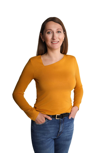 Bluzka Longsleeve z asymetrycznym dekoltem | LUVA | musztardowy żółty